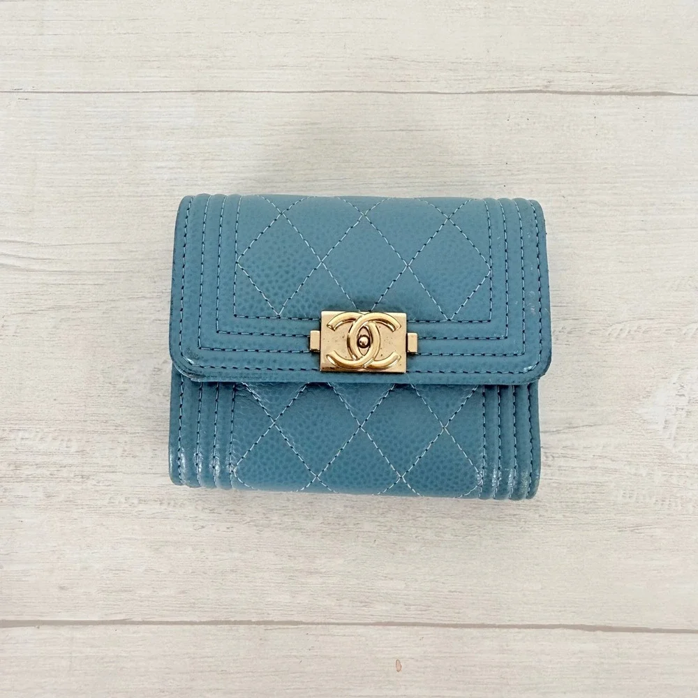 Chanel Boy Flap Wallet Light Blue Caviar Leather Gold Hardware Quilted Authentic
